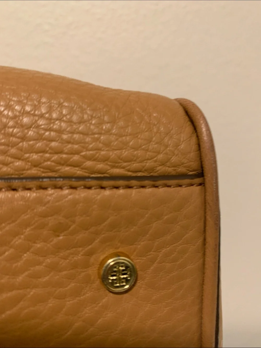 Tory Burch Robinson Camel Brown Pebbled Leather Satchel with Gold Logo